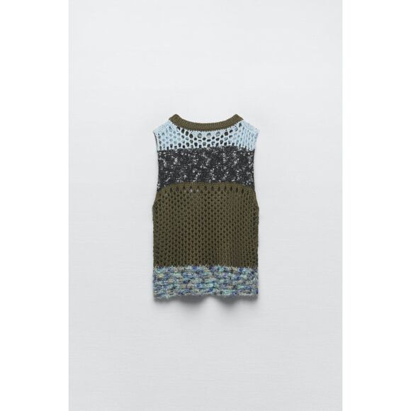 Multicolor Zara Open-Stitch Crochet Round Neck Sleeveless Knit Top (NWT) - Picture 3 of 8